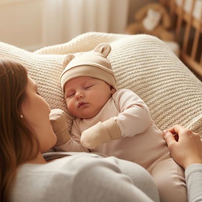 Bonnet bebe TouDou beige bebe dort dans bras de maman