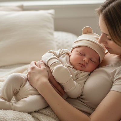 Bonnet bebe TouDou beige bebe dort paisiblement sur maman
