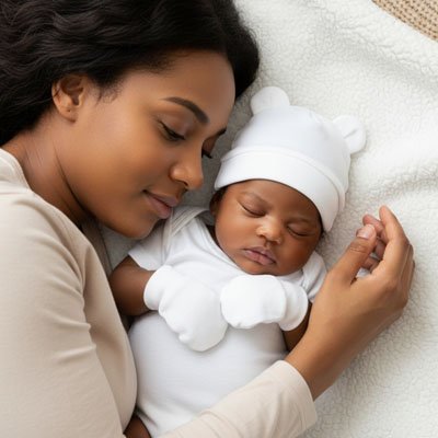 Bonnet bebe TouDou blanc maman et bebe dorment ensemble