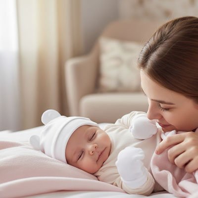 Bonnet bebe TouDou blanc maman observe bebe en train de dormir