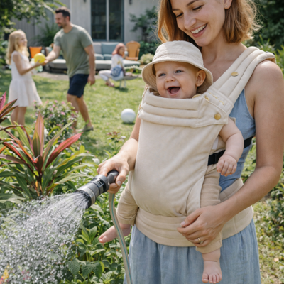 Porte-bebe-PhysioPort-beige-bebe-maman-arrosant-les-plantes-jardin-enfamille-bebe-heureux