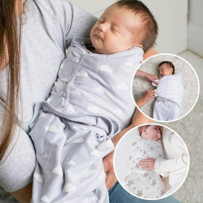 Couverture emmaillotage gris nuages bébé endormis dans bras maman
