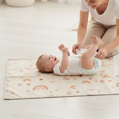 Tapis à langer nomade bébé amusé par le change au sol