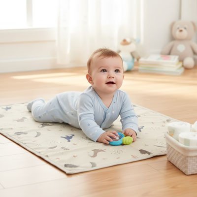 Tapis à langer nomade bébé heureux allongé sur ses coudes