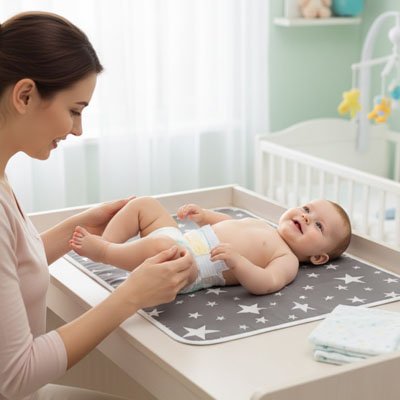 Tapis à langer nomade bébé heureux avec maman