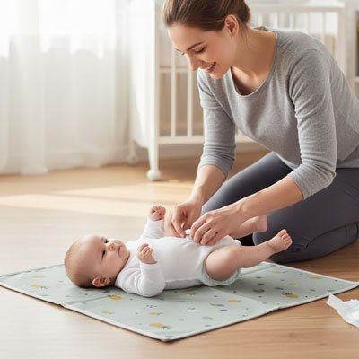 Tapis à langer nomade bébé joyeux avec maman sur tapis au sol