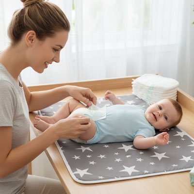 Tapis à langer nomade bébé souriant allongé sur le dos lors du change