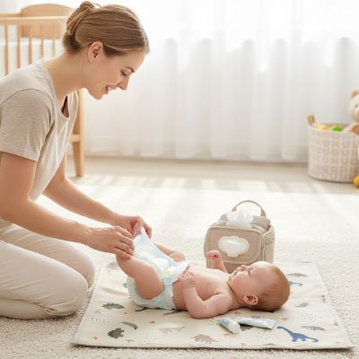 Tapis à langer nomade bébé tranquille confortable sur tapis au sol