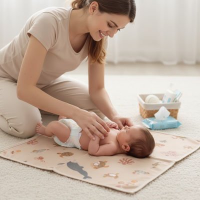 Tapis à langer nomade maman change bébé au sol 