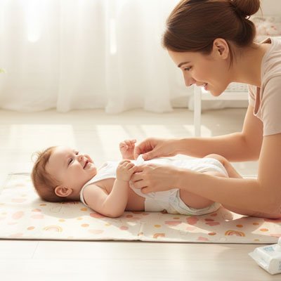 Tapis à langer nomade maman et bébé heureux lors du change